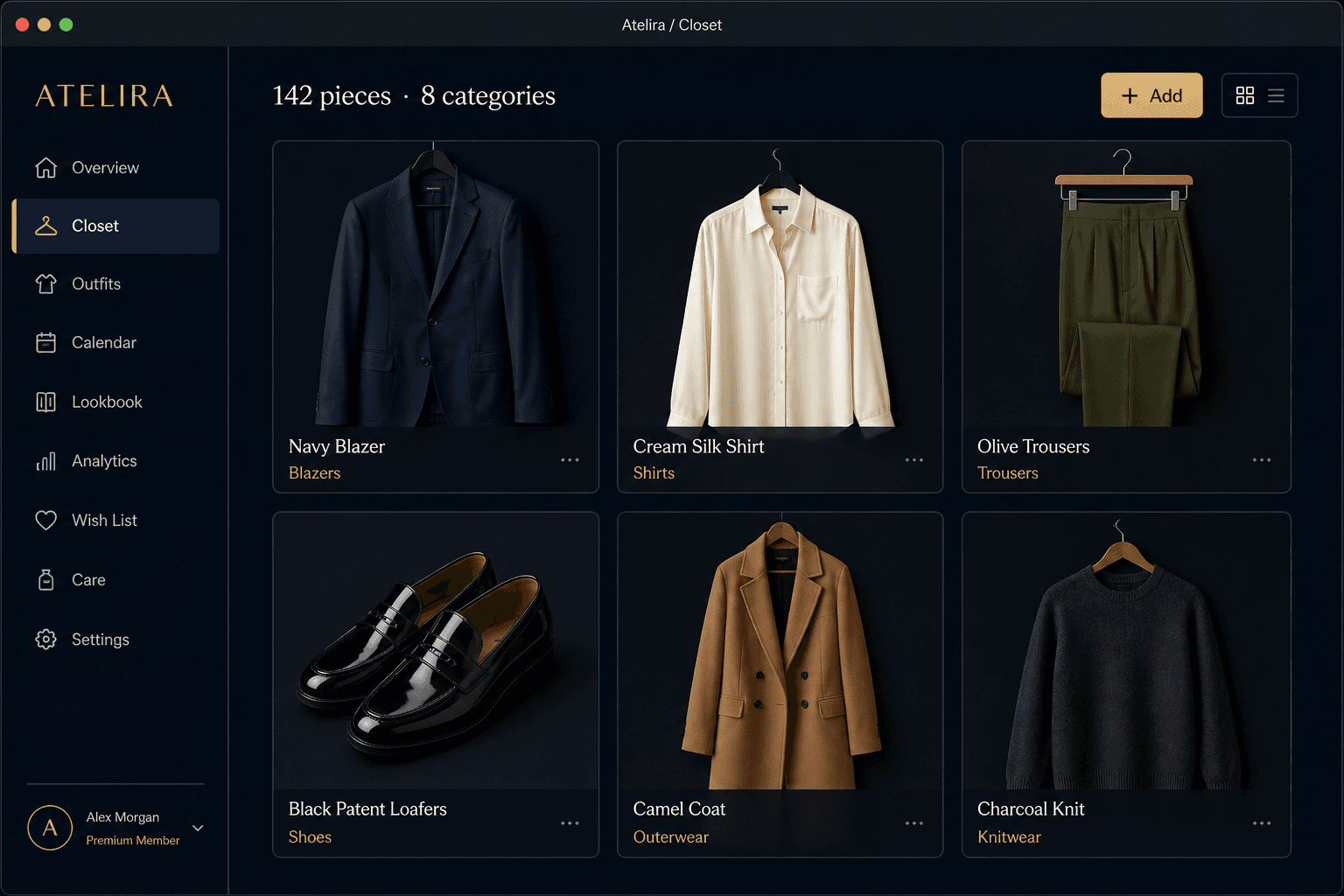 Atelira closet archive with photographed garments in a grid