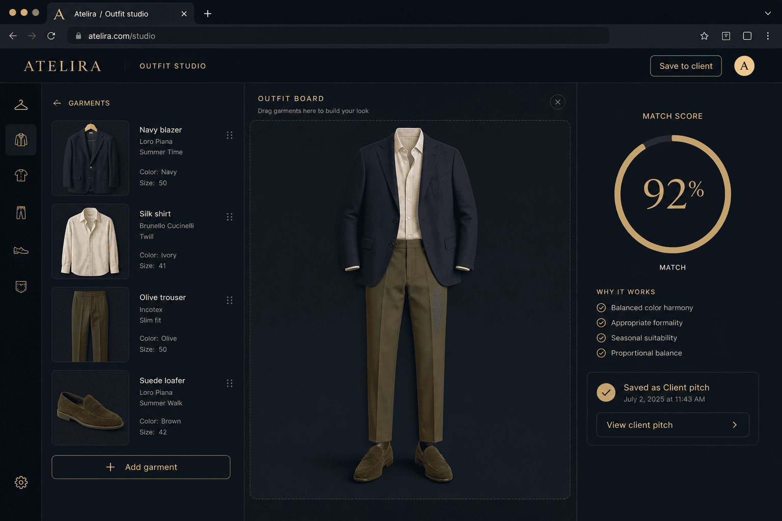 Atelira outfit studio with garments assembled into a look